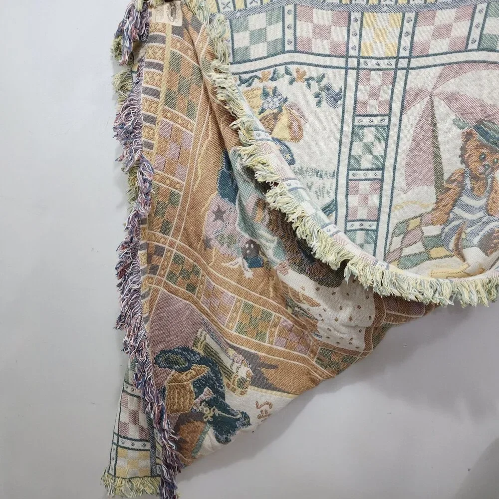 Vintage Teddy Bear Woven Tapestry Throw Blanket Fringe Farmhouse Country 66x48